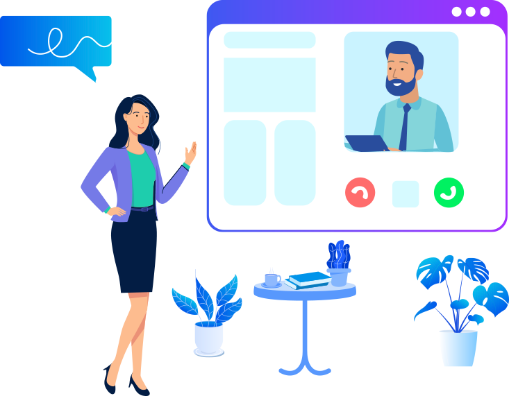 Ilustracao de mulher conversando em video chamada com homem