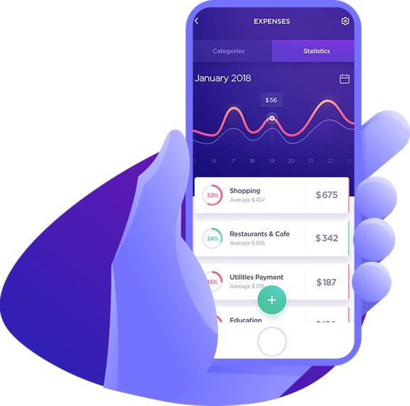 Ilustracao de uma mao segurando um aplicativo com tabelas graficas